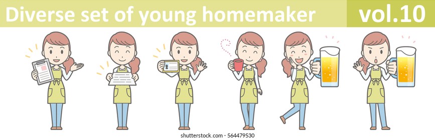 Diverse set of young homemaker, EPS10 vector format vol.10 (A young housewife wearing a green apron and jeans)