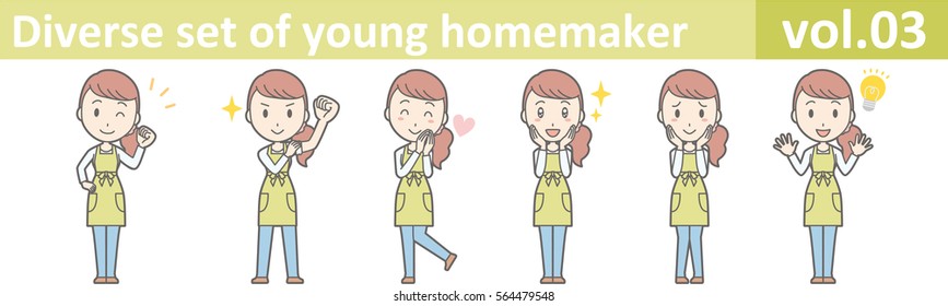 Diverse set of young homemaker, EPS10 vector format vol.03 (A young housewife wearing a green apron and jeans)