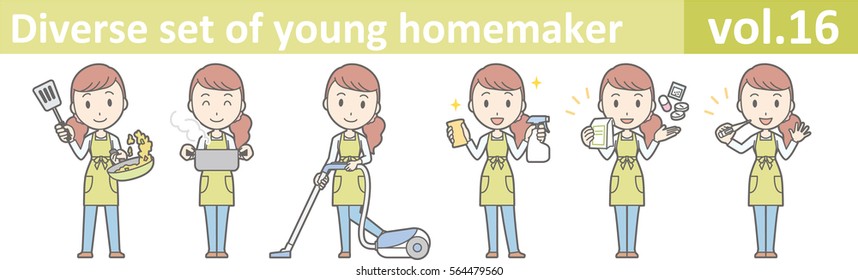 Diverse set of young homemaker, EPS10 vector format vol.16 (A young housewife wearing a green apron and jeans)