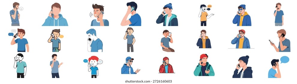 Diverse set of young men illustrations talking on smartphones, displaying different expressions, postures, and casual clothing styles during phone conversations.