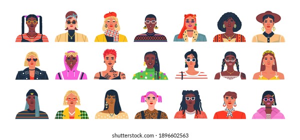 Diverse set of young woman portrait illustration on isolated background. Trendy women collection, big bundle of different funny girl character cartoons in modern fashion. 