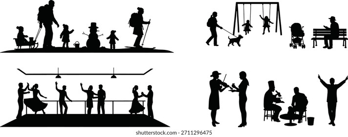 Diverse Silhouette Set: Winteraktivitäten, Spielplatz Spaß, Ballsaal Tanzen, und Berufe