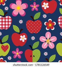 Diverse silhouettes of apples and apple blossom. Seamless vector pattern. Floral design.