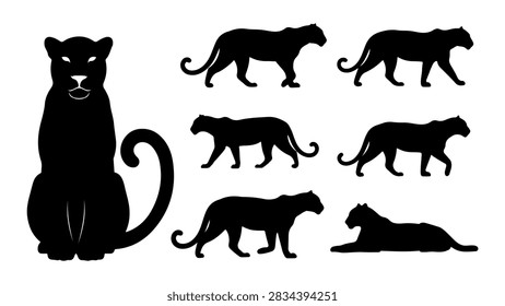 Diverse silhouettes of big cats including panther and lion in different stances and movements, isolated on transparent background.