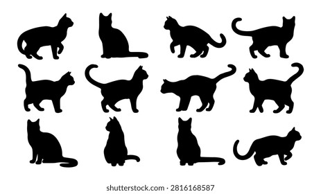 Diverse silhouettes of cats in different postures and stances, showcasing feline agility and elegance against a plain background.