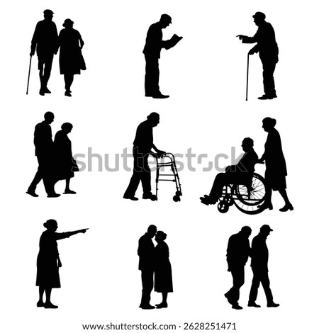 Diverse Silhouettes of Elderly Couples Enjoying Life Activities Walking, Reading, Wheelchair