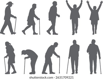 Diverse silhouettes of elderly people walking with canes