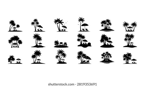 Diverse silhouettes of palm trees showcasing different shapes, sizes, and arrangements for creative design and artistic projects.