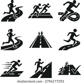 Diverse silhouettes of runners on different terrains like roads tracks and mountain paths for fitness and sports designs.