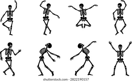 Diverse skeletal figures arranged dynamically for conceptual storytelling. Ideal for medical educational or Halloween themes.