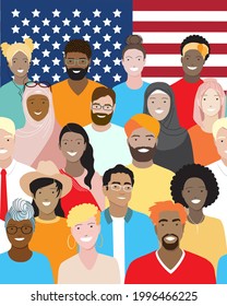 Diverse skin colors, happy young and old people, men and women, stand together at American flag background. African , asian, hispanic people, cultural diversity in USA. Independence day on 4th of July