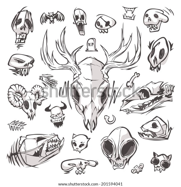 Diverse Skulls\
and Bones Set. In the EPS file, each element is grouped separately.\
Isolated on white\
background.
