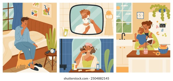 Diverse sleepy people morning routine scene set