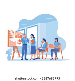 Diverse and smiling colleagues gather in the meeting room. Exchange ideas and discuss office financial statistics. Briefings concept. trend modern vector flat illustration