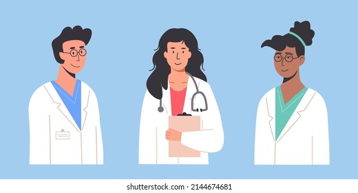 Diverse smiling doctors, nurses, paramedics. Portraits of male and female medic workers in uniform with stethoscopes and medical history notepad. Healthcare hospital therapist. Vector illustration set