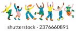 Diverse smiling people jumping set. Joyful young men and women, smiling students celebrating, jumping and dancing