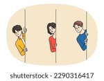 Diverse smiling people peek from corner get to know news. Happy men and women look out from wall spy for hidden information or secret data. Curiosity concept. Flat vector illustration.