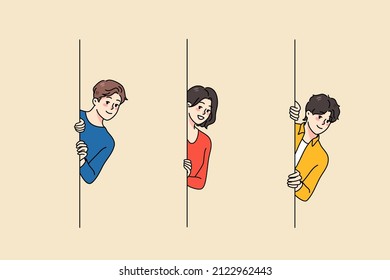 Diverse smiling people peek from corner get to know news. Happy men and women look out from wall spy for hidden information or secret data. Curiosity concept. Flat vector illustration. 