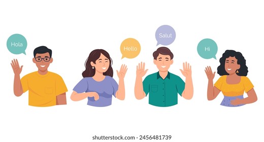 Diversas personas sonrientes saludan en diferentes idiomas extranjeros y saludando con las manos. Personajes masculinos y femeninos felices multinacionales, gestos amistosos. Ilustración vectorial plana