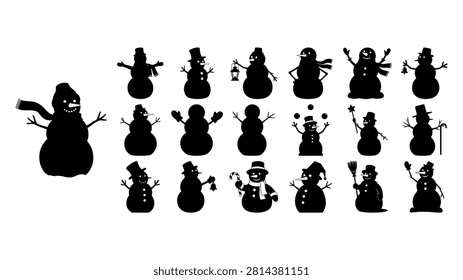 Diverse snowman silhouettes showcasing different shapes and accessories, perfect for winter themes and holiday decorations.