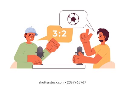 Diverse soccer fans discussing match with microphones 2D cartoon characters. Podcast sports announcers isolated vector people white background. Mic commentators color flat spot illustration