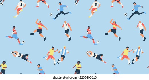 El equipo de atletas de varios futbolistas es uniforme. Colorido juego de fútbol estilo retro jugadores masculinos imprimir ilustración. Incluye la posición de patada de la bola de pie, fondo de la captura del portero.