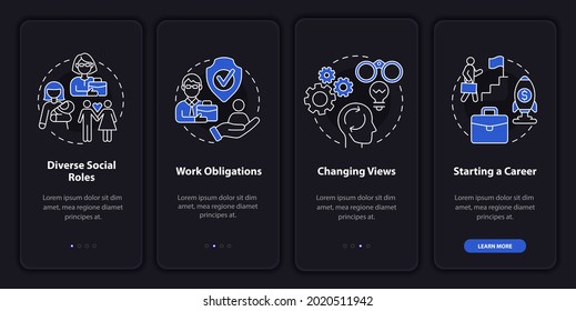 Diverse social roles onboarding mobile app page screen. Starting a career walkthrough 4 steps graphic instructions with concepts. UI, UX, GUI vector template with linear night mode illustrations