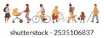 Diverse society. People are walking, going to work, school, home. Side view. Woman with a stroller, teenager on a bicycle. Student, grandmother, blind man. Vector illustration on white background.