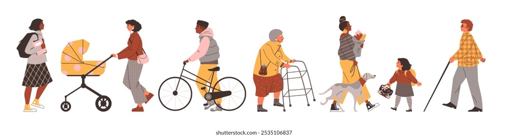 Sociedade diversa. As pessoas estão andando, indo para o trabalho, escola, casa. Vista lateral. Mulher com carrinho de bebê, adolescente numa bicicleta. Estudante, avó, cego. Ilustração vetorial sobre fundo branco.