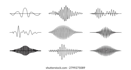 Diverse soundwave set featuring rhythmic frequency pulses, vibration patterns and signal oscillations.