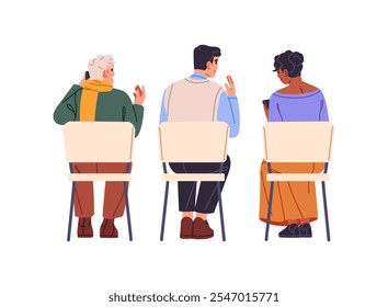 Diversos espectadores en las Vacantes escuchan la vista posterior de la conferencia. Las Personas se sientan en sillas, hablan por teléfono durante el seminario. El público se comunica mientras actúa. Ilustración vectorial aislada plana en blanco