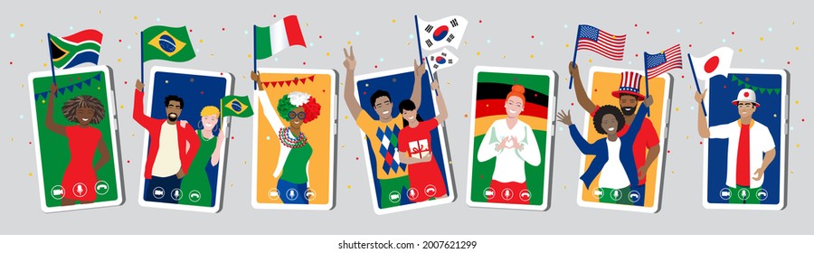 Diverse sport fans from various countries holding national flags happy virtual support athletes online, at phone screens. Supporters using internet technology at international sport events. Vector