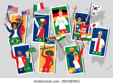 Diverse Sport Fans From Various Countries Holding National Flags Happy Virtual Support Athletes Online At Phone Screens, Map. Supporters Using Internet Technology At International Sport Events. Vector