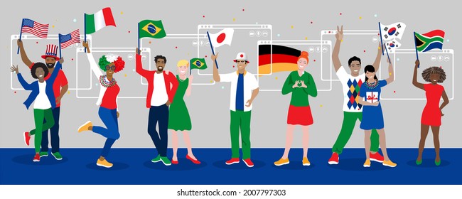 Diverse sport fans from various countries holding national flags happy virtual support athletes online, at laptop app screens. Supporters using internet technology at international sport event. Vector