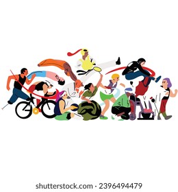 Diverse Sports Athletes, Vector illustration of diverse cartoon men and women in athletic uniforms from different branches of sport: weightlifting and athletics, artistic gymnastics. Isolated on white