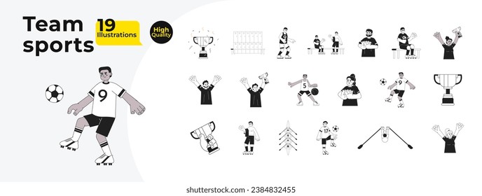 Diverse sportsmen athletes black and white cartoon flat illustration bundle. Basketball, football, volleyball players linear 2D characters isolated. Competitive monochromatic vector image collection