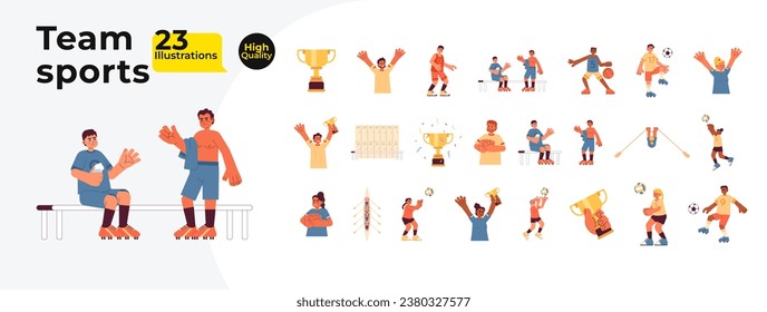 Diverse sportsmen athletes cartoon flat illustration bundle. Basketball, football, volleyball players 2D characters isolated on white background. Competitive sport vector color image collection