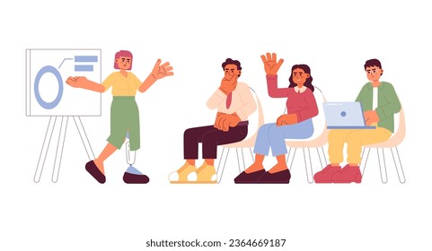 Diverse startup cartoon flat illustration. Female conference speaker with leg prosthesis, lecture business people 2D characters isolated on white background. Board meeting scene vector color image