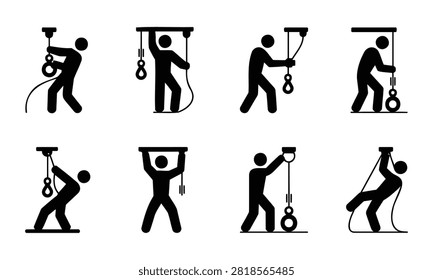 Diverse stick figure actions demonstrating pulley system operation and weight lifting techniques