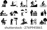 Diverse stick figure illustrations depict various outdoor leisure activities and hobbies for people of all ages
