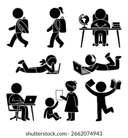 Diversas atividades estudantis em ilustração vetorial com crianças aprendendo a ler e usando tecnologia para educação e desenvolvimento