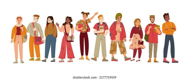 Diverse students with books in school, college or university. Multiracial pupils teen girls and boys with bags and textbooks waving hands, chatting. Classmates study Line art flat vector illustration