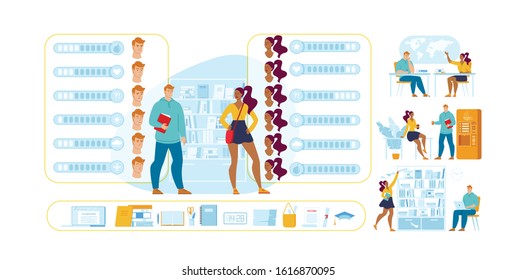 Diverse Students with Different Feelings in Various Situation Constructor Characters Scenes Set. Multiracial Teenager Girl Guy in Library, on Break, in Lecture Hall. Vector Stationary Illustration Kit