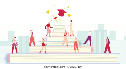 Diverse Students Group Walking Education Stairs. Metaphor Success Studding Poster. Achievement, Personal Advancement, Growth. Stars, Credential and Graduate Cap on Ladder Top. Vector Flat illustration