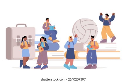 Diverse students kids studying, back to school, education concept. Multiracial pupils at huge book piles, sport ball and backpack children read, learn classes, communicate Line art vector illustration