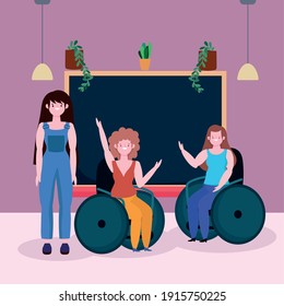 diverse students people and disabled girl sitting in a wheelchair, inclusion vector illustration