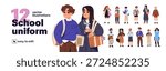 Diverse students set. Cute kids are wearing different school uniforms. Happy children with backpacks. Little boys and girls with books, bags for education. Flat isolated vector illustrations on white