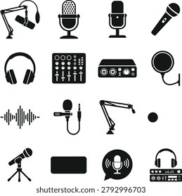 Diverse studio recording gear icons featuring boom arms microphones pop filters headphones and audio interfaces.