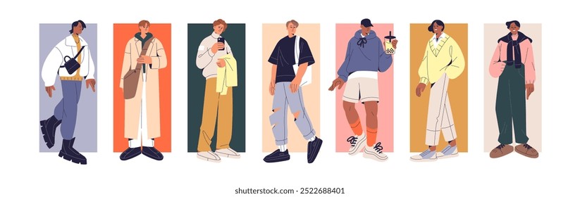 Conjunto de hombres con estilo diverso. Gente feliz con trajes de moda de la temporada. Chicos modernos en ropa de moda con accesorios, bolsos. Moda callejera masculina. Ilustraciones vectoriales aisladas planas sobre fondo blanco