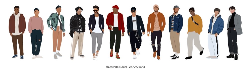 Diverse stylish men wearing modern street fashion clothes. Handsome guys in casual autumn wear. vector realistic illustrations isolated on white background.